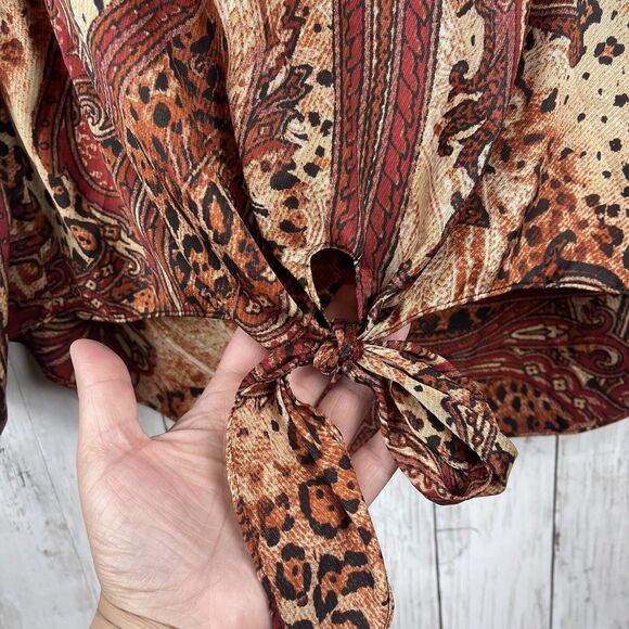 Chicos Top Women 1 US M Multi Animal Paisley Satin Sequin Neck Blouse Tie Hem - Picture 5 of 10